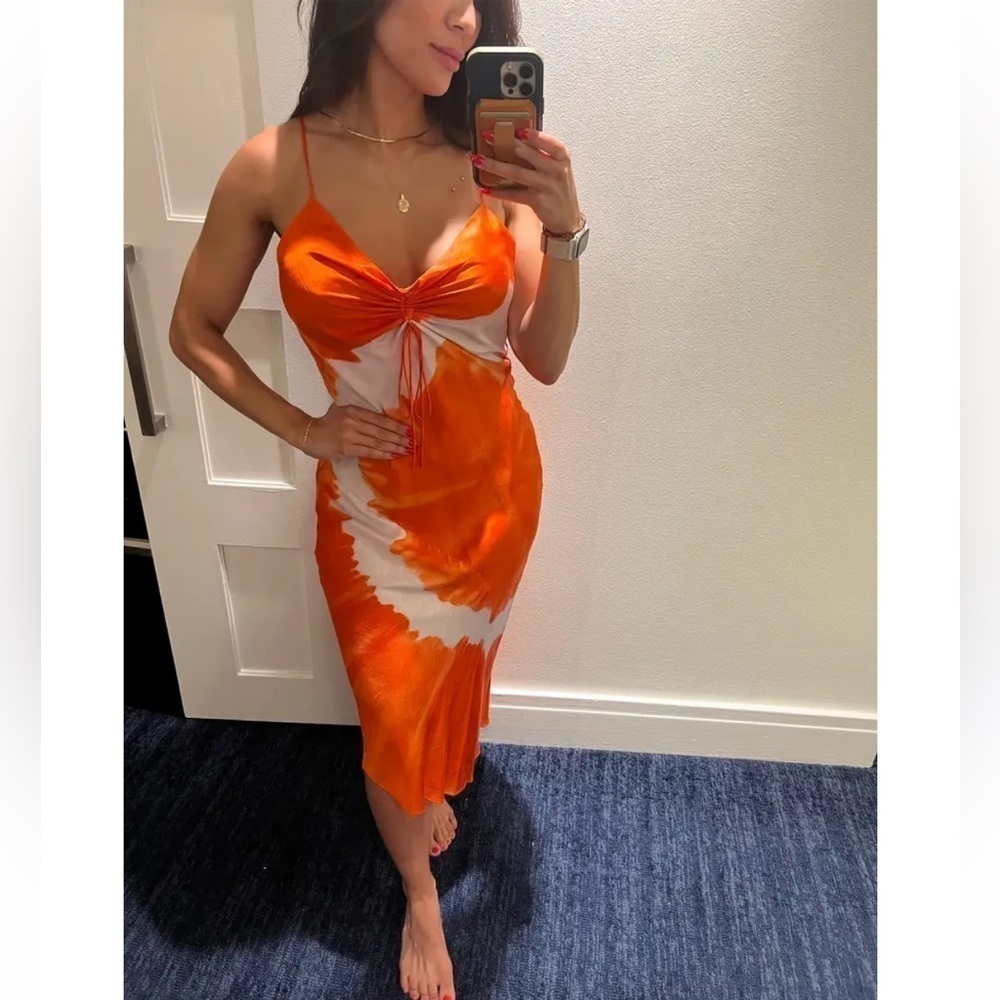 NEW All Saints Alexia Mariana Silk Blend Tie Dye Midi Dress Orange 🍊 - Picture 9 of 16